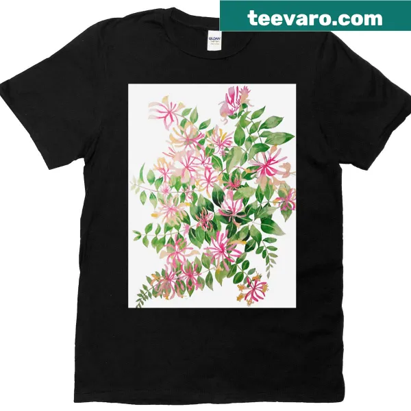 Watercolor painting of honeysuckle flowers on T-shirt