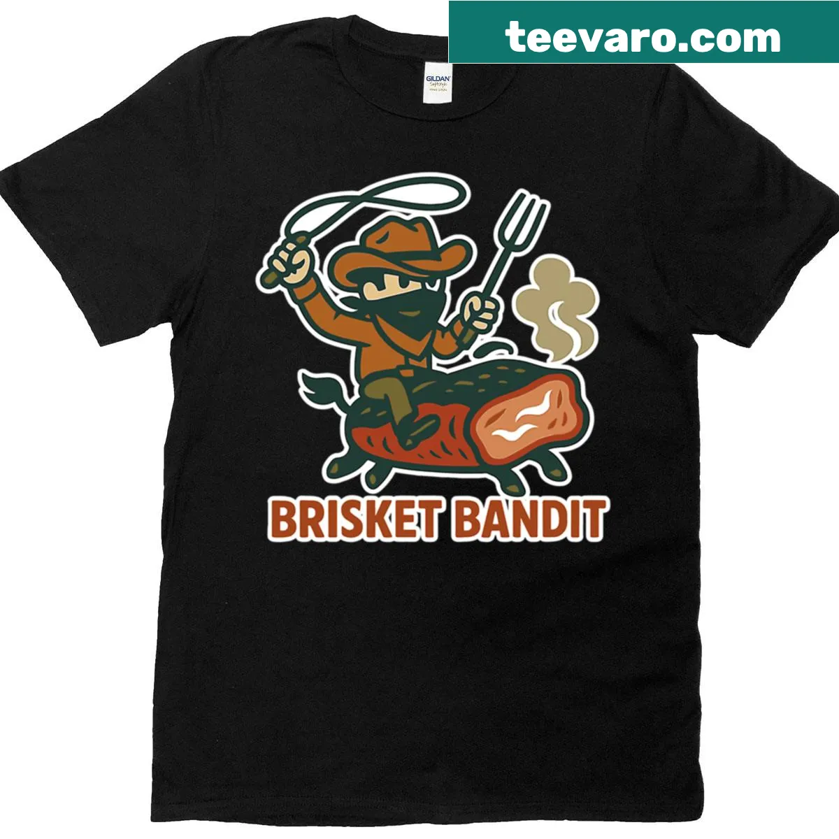 Funny 'Brisket Bandit' BBQ t-shirt featuring a cowboy illustration — on a men's t-shirt