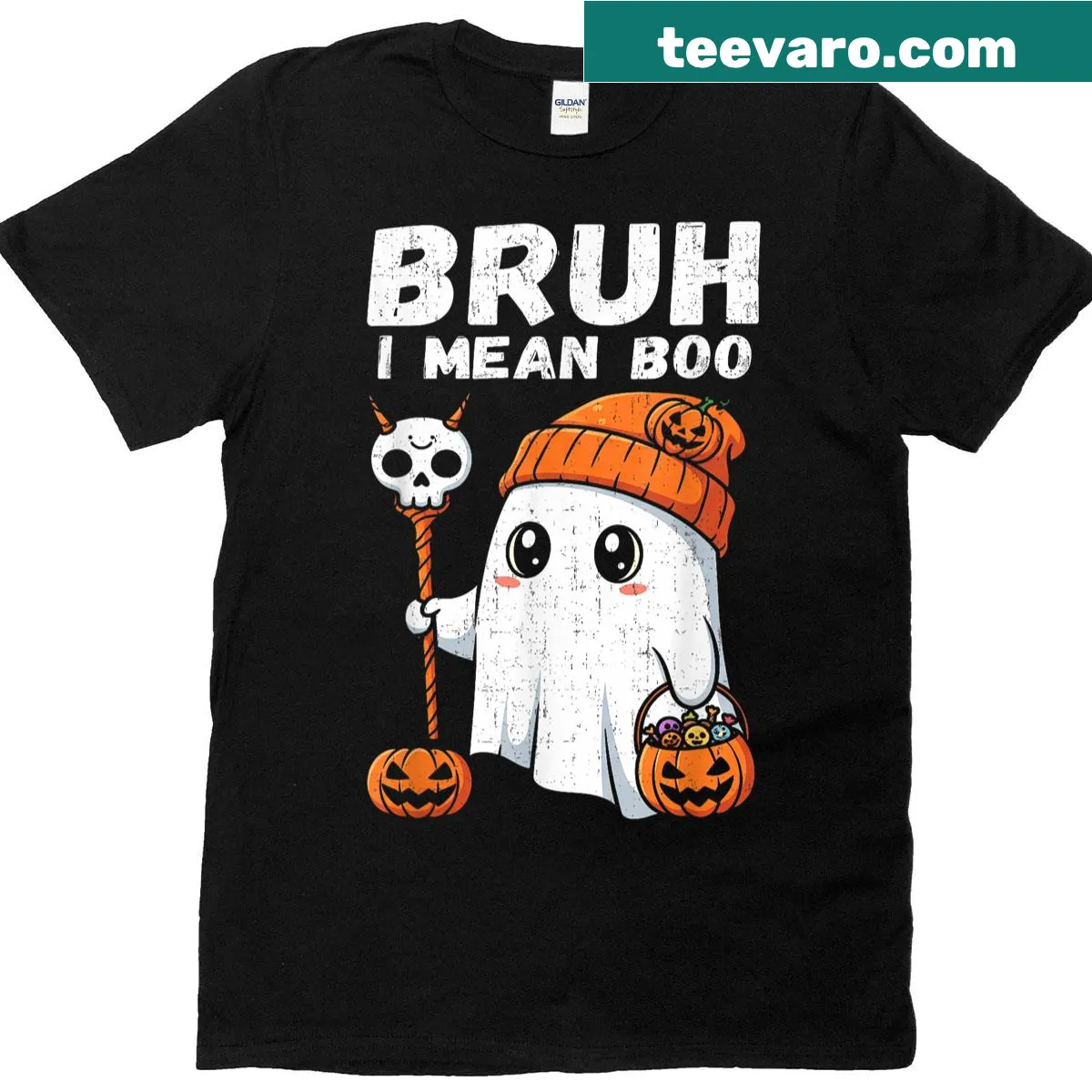 Funny Halloween t-shirt with pumpkin and text — on a men's t-shirt