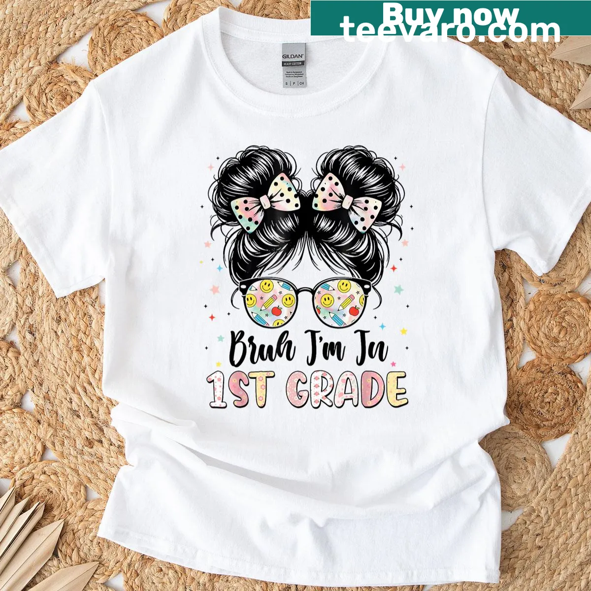 Cute first day of school t-shirt with messy bun and fun text — on a men's t-shirt