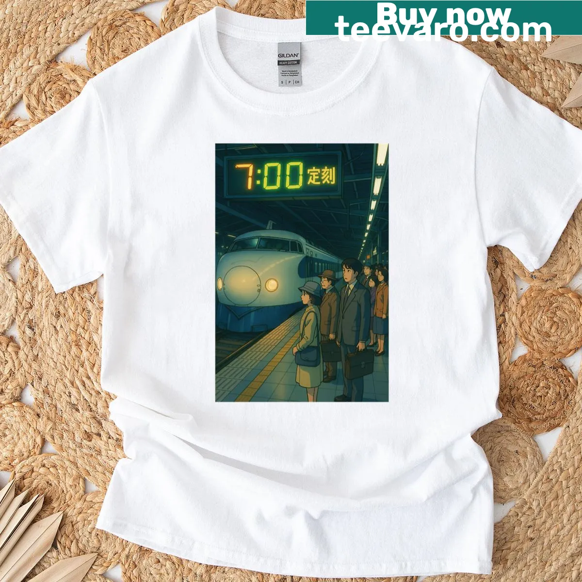 Illustrated bullet train graphic on a T-shirt — on a men's t-shirt