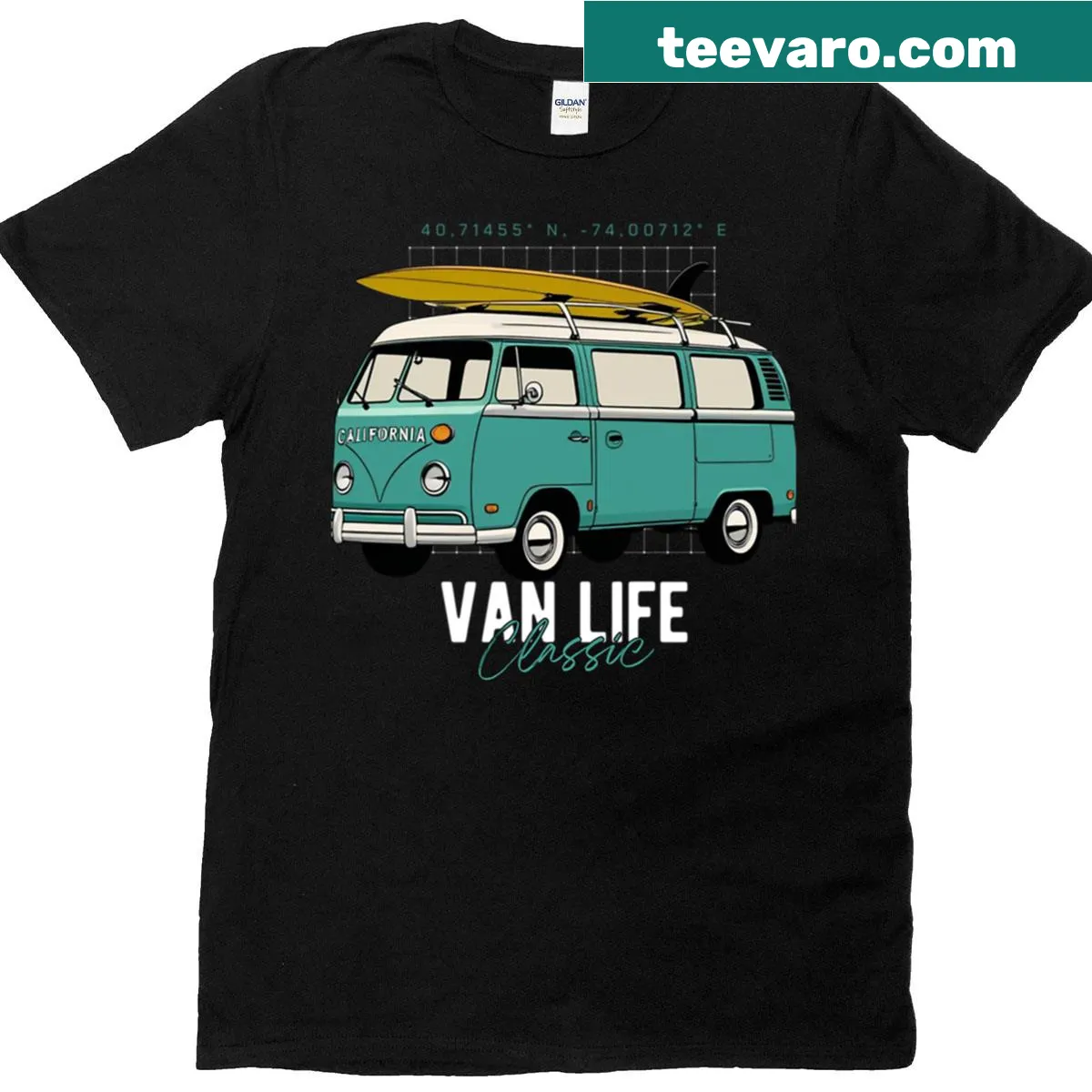 Retro van life graphic capturing Californian adventures — on a men's t-shirt