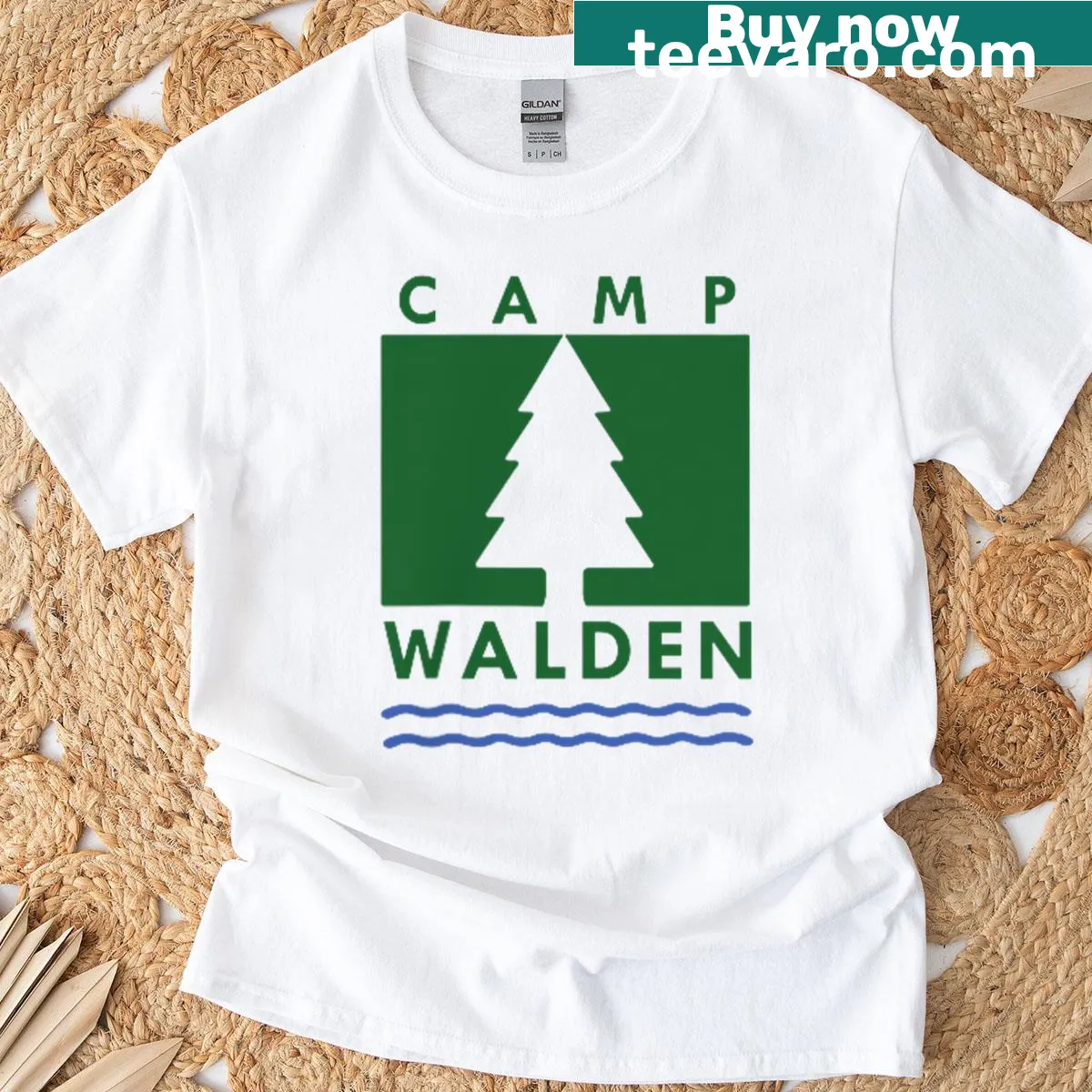 Illustrative T-shirt celebrating summer camp adventures — on a men's t-shirt