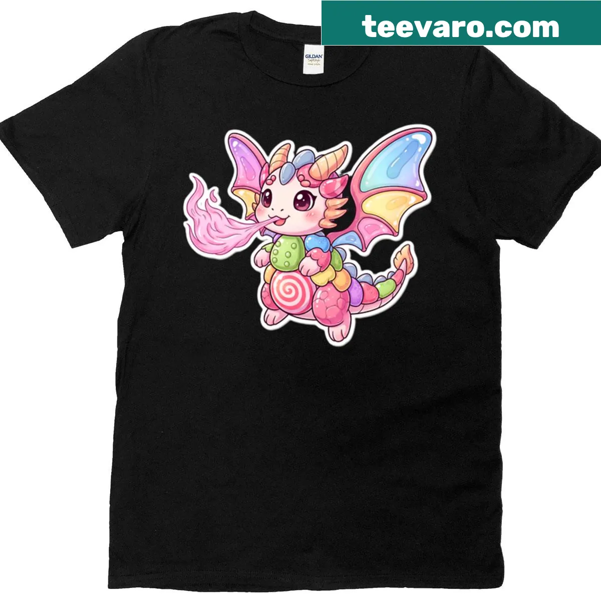Playful T-shirt featuring whimsical candy dragon illustration — on a men's t-shirt