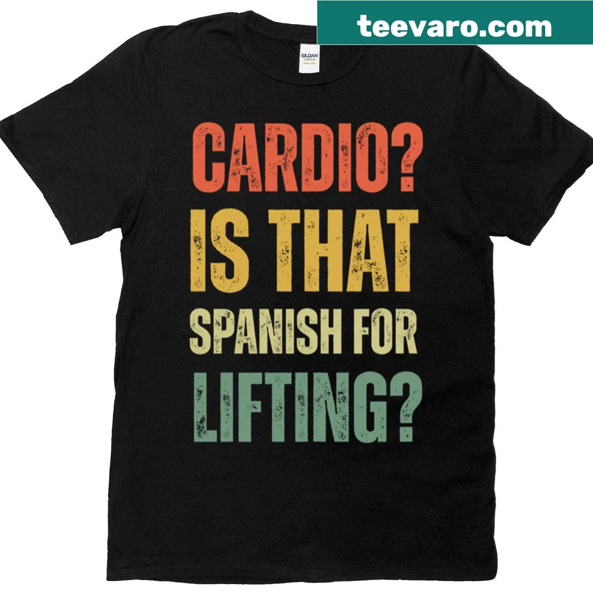 Funny retro tee with Cardio Is That Spanish For Lifting text — on a men's t-shirt