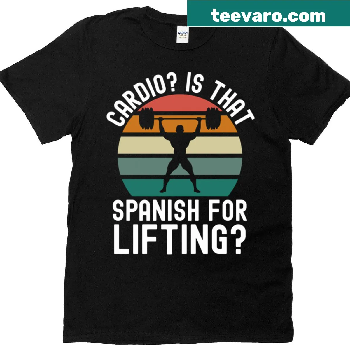 Funny workout graphic text about cardio and lifting on a T-shirt — on a men's t-shirt