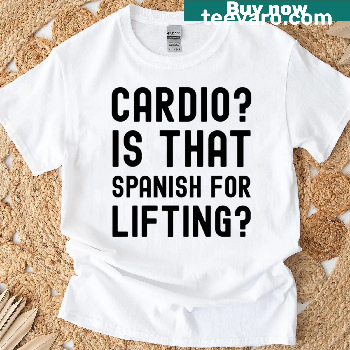 Funny workout T-shirt with a cardio lifting phrase — on a men's t-shirt