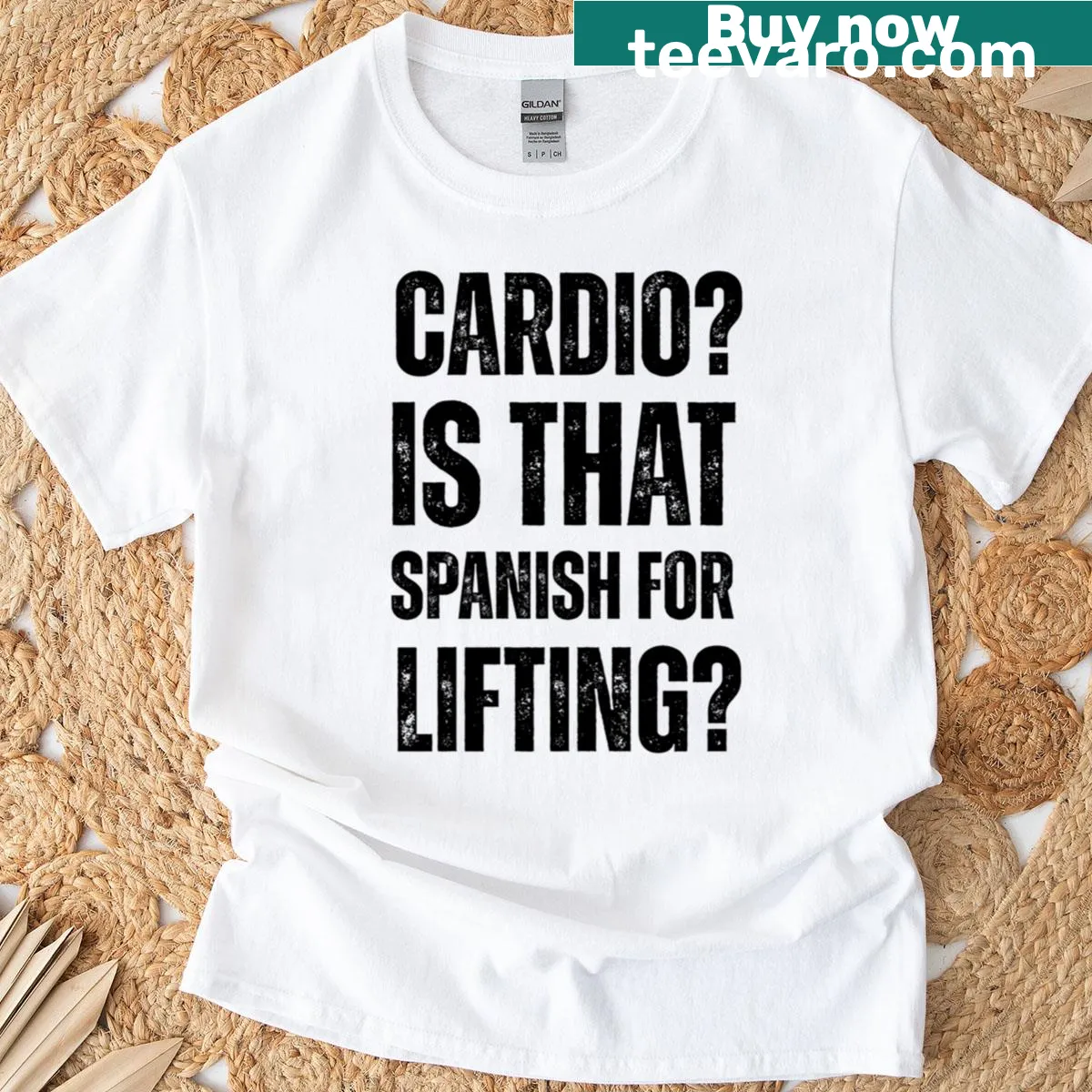 Funny workout shirt with the phrase: Cardio Is That Spanish For Lifting — on a men's t-shirt