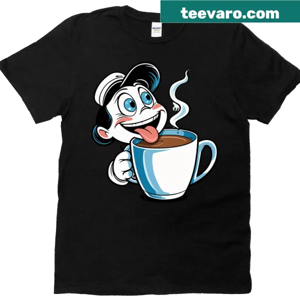 Funny cartoon graphic of a coffee addict on a t-shirt