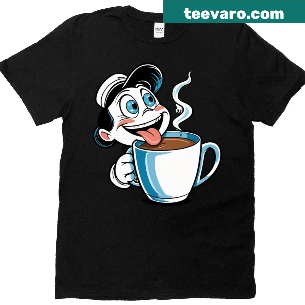 Funny cartoon graphic of a coffee addict on a t-shirt — on a men's t-shirt