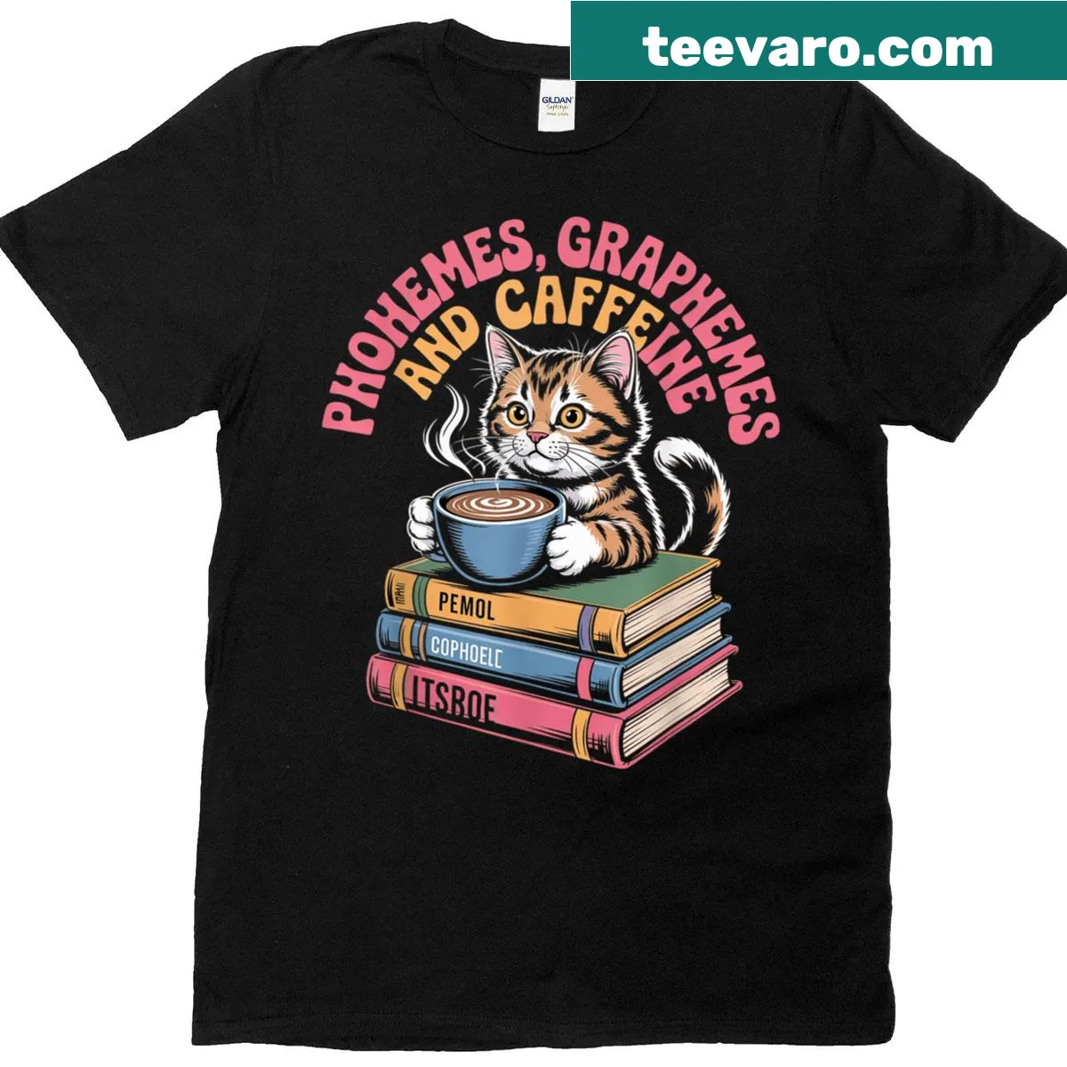 Funny cat graphic with reading and school-related text on a shirt. — on a men's t-shirt