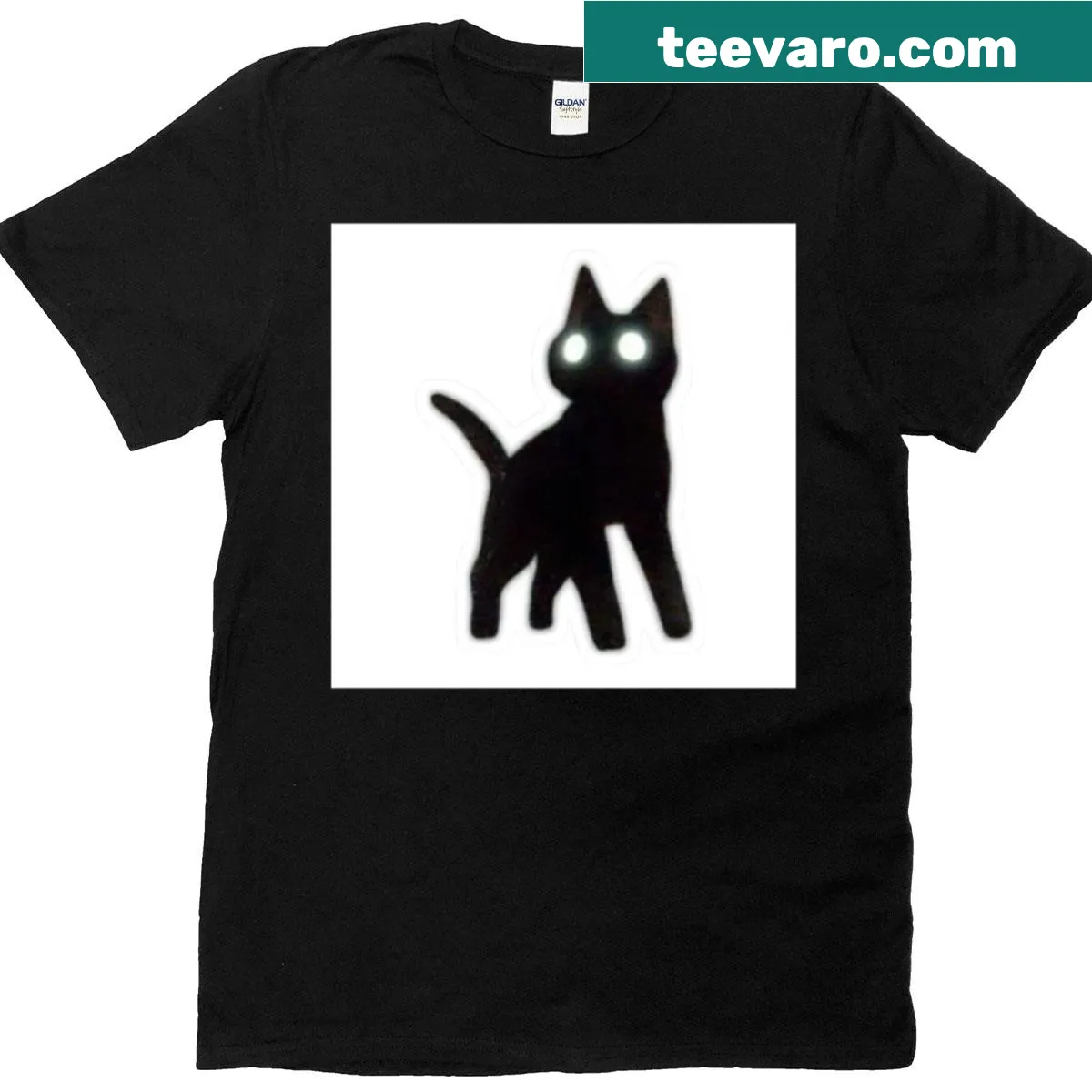 Illustration of a cat with glowing eyes on a dark background — on a men's t-shirt