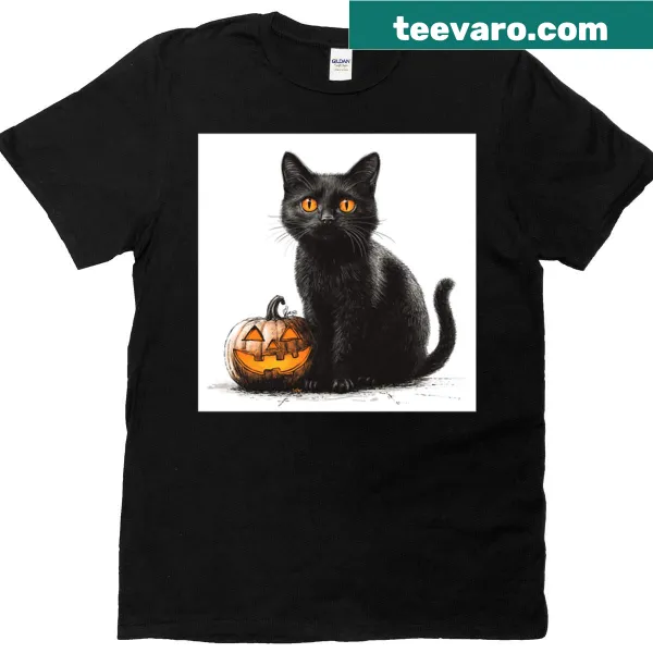 T-shirt with a cute cat and jack-o-lantern design