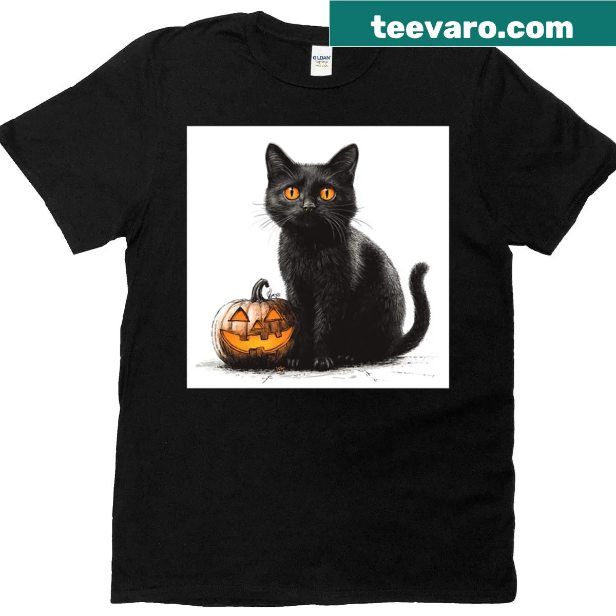 T-shirt with a cute cat and jack-o-lantern design — on a men's t-shirt
