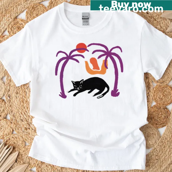 Cute cat illustration with palm trees on a T-shirt