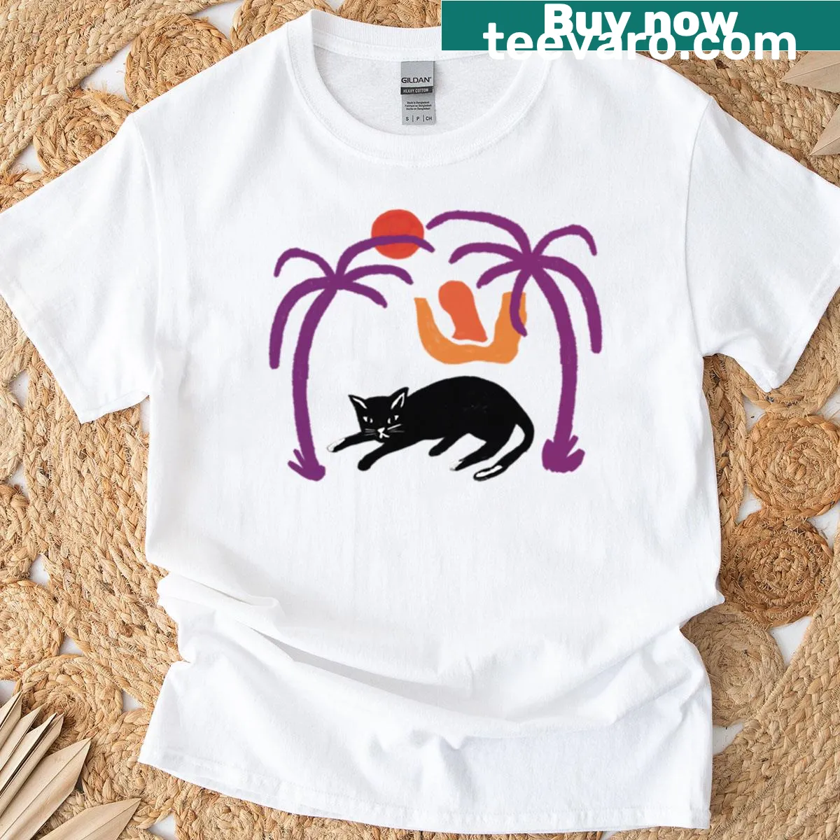 Cute cat illustration with palm trees on a T-shirt — on a men's t-shirt