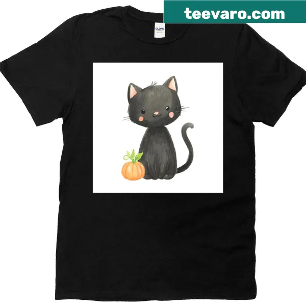 Cute cat interacting with a pumpkin illustration on T-shirt