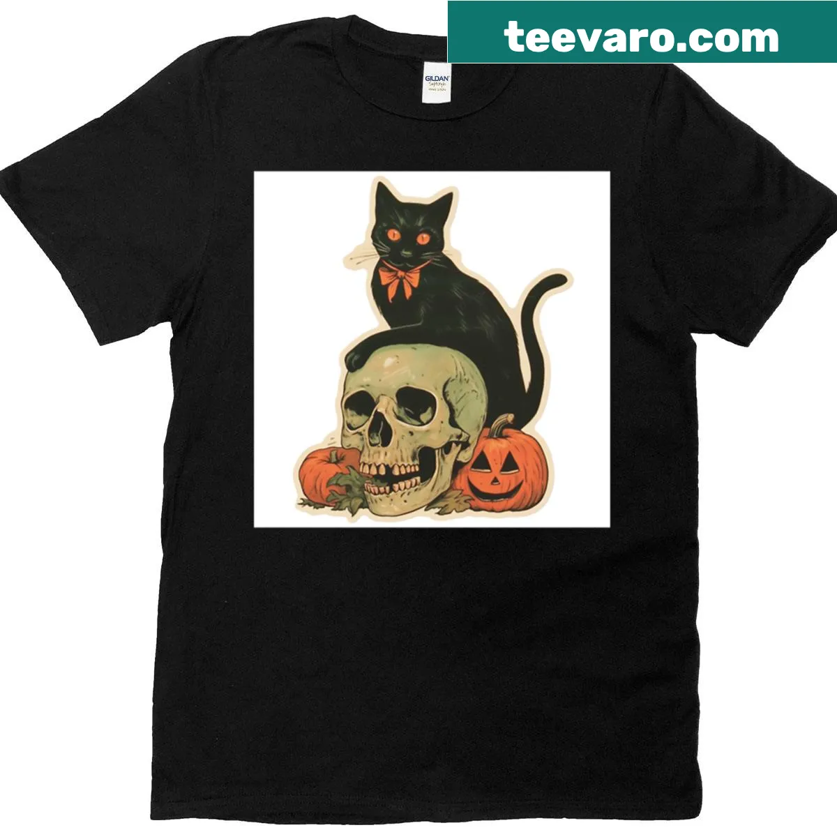 Cat surrounded by skulls and jack-o-lanterns on a T-shirt — on a men's t-shirt