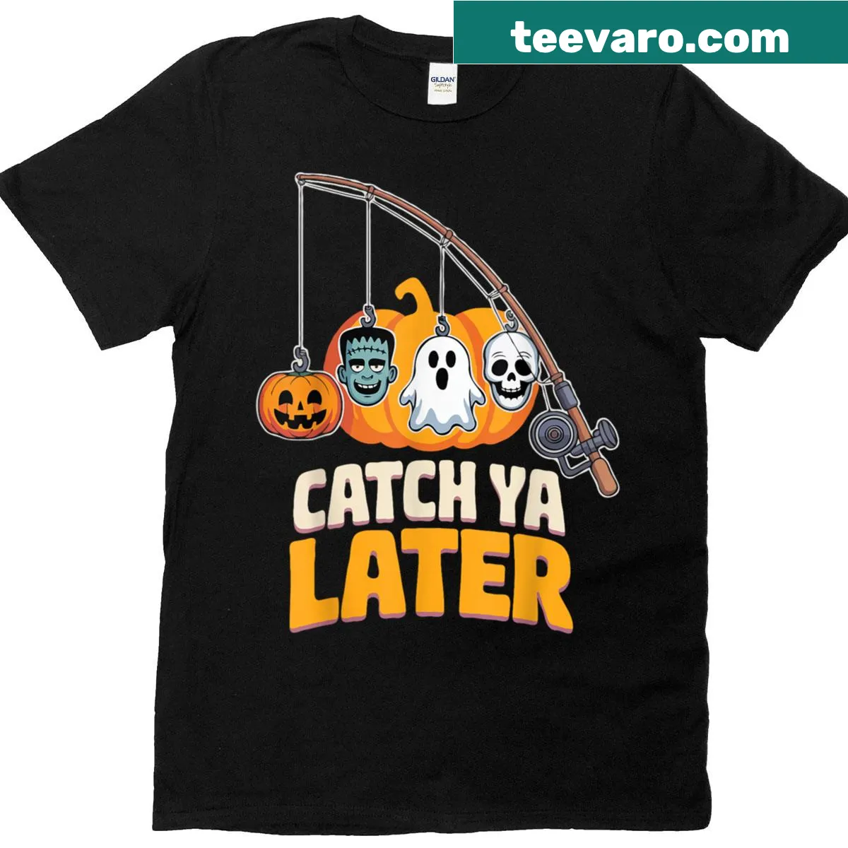 Halloween t-shirt with fisherman humor saying 'Catch Ya Later' — on a men's t-shirt