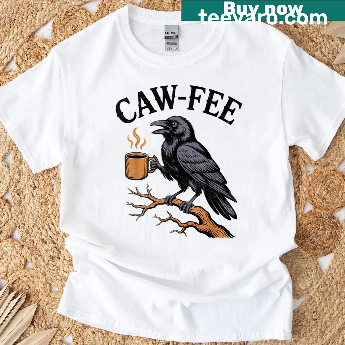 Funny design of a crow with coffee pun on a t-shirt — on a men's t-shirt