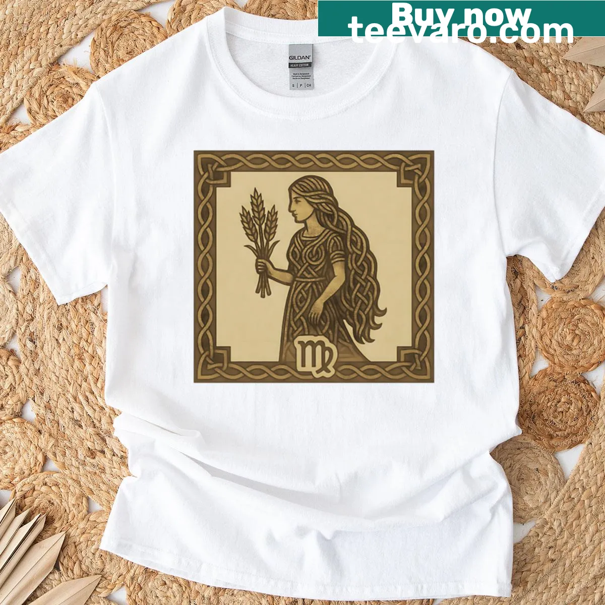 Celtic Virgo maiden zodiac graphic t-shirt — on a men's t-shirt