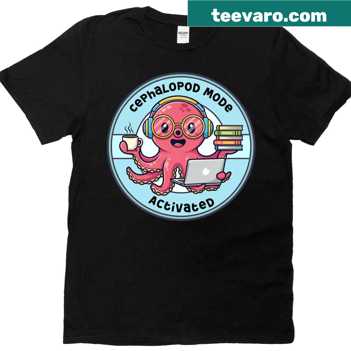 Cute octopus surrounded by coffee and laptops design — on a men's t-shirt