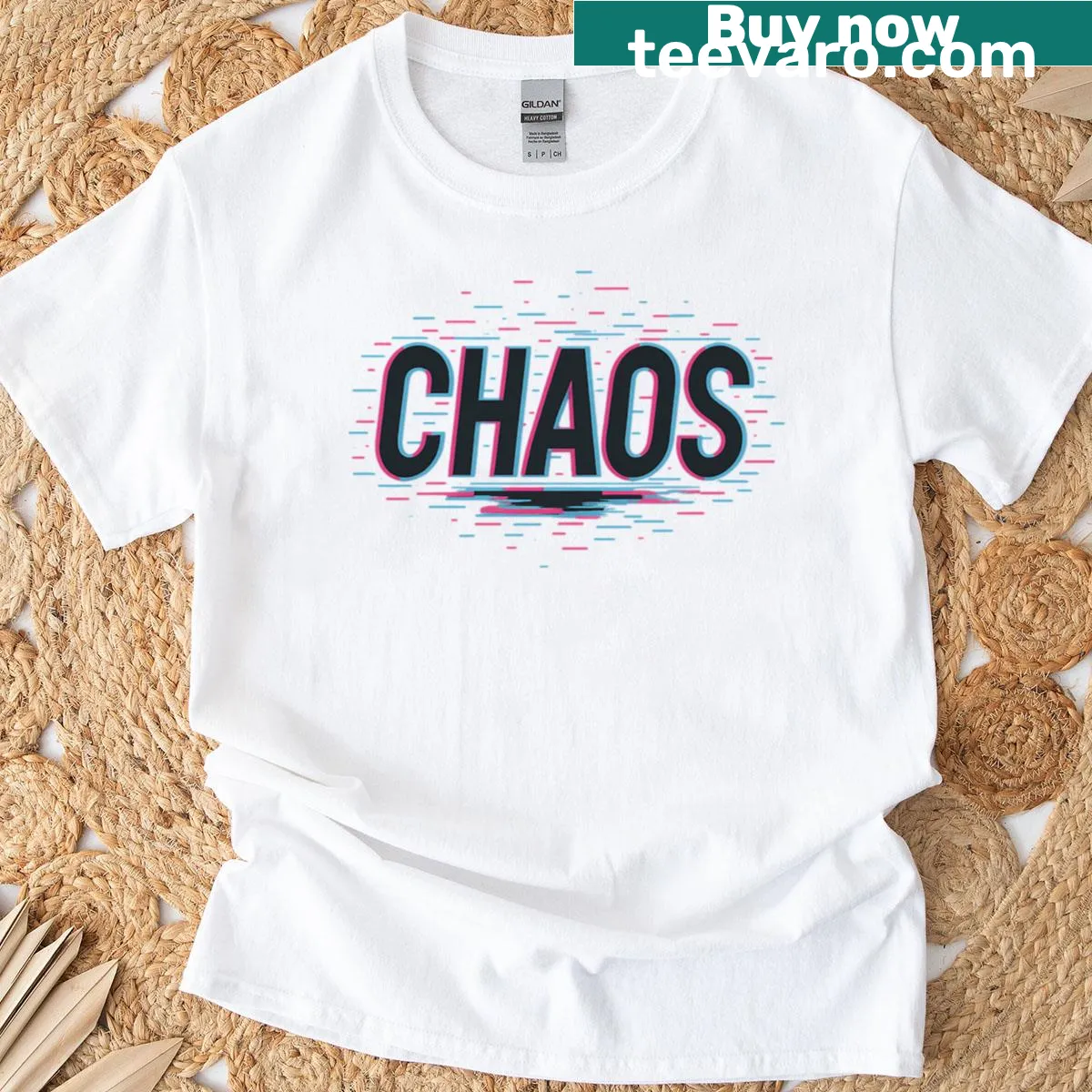 T-shirt with glitch effect design and chaotic typography — on a men's t-shirt