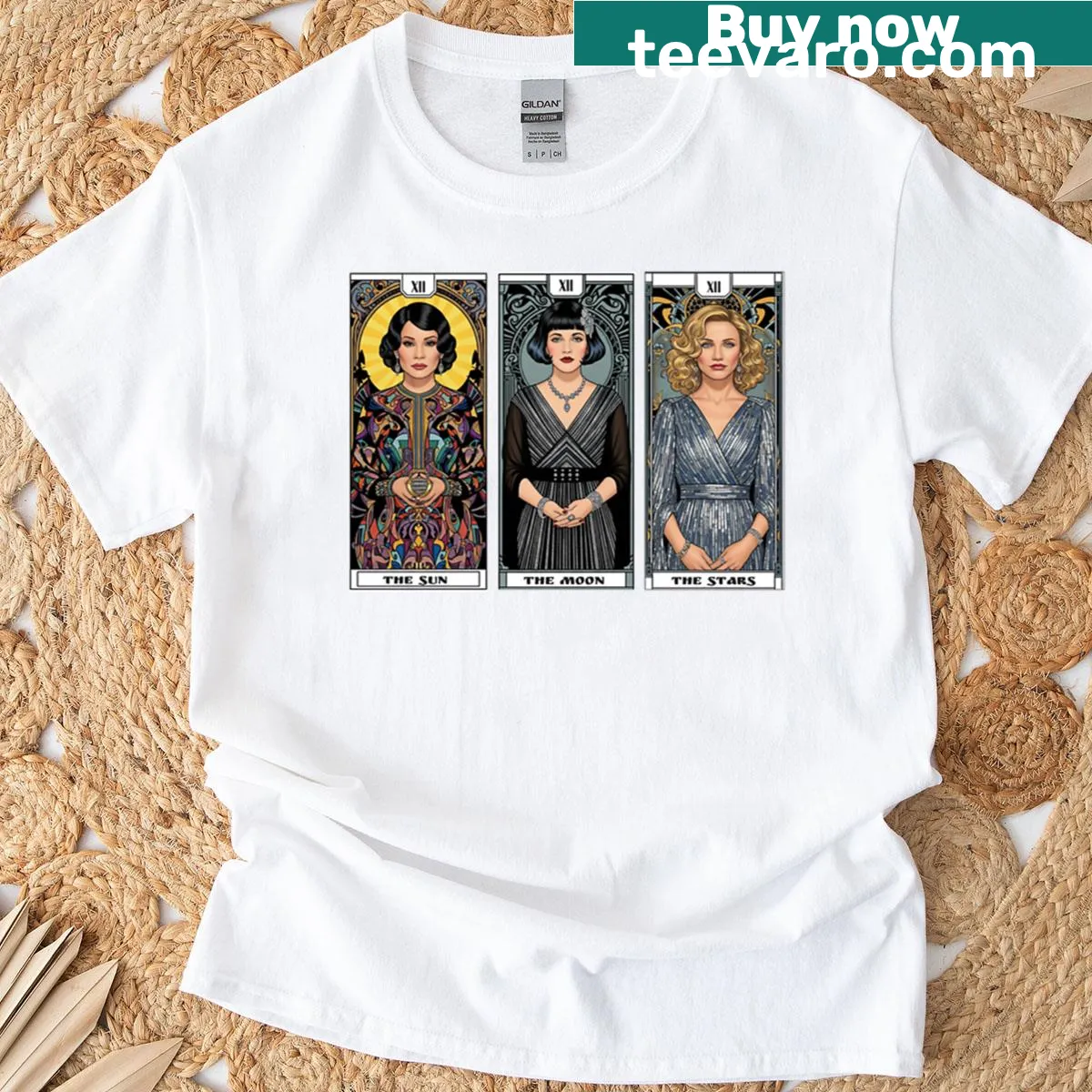 Graphic tee featuring a tarot card design inspired by Charlies Angels. — on a men's t-shirt