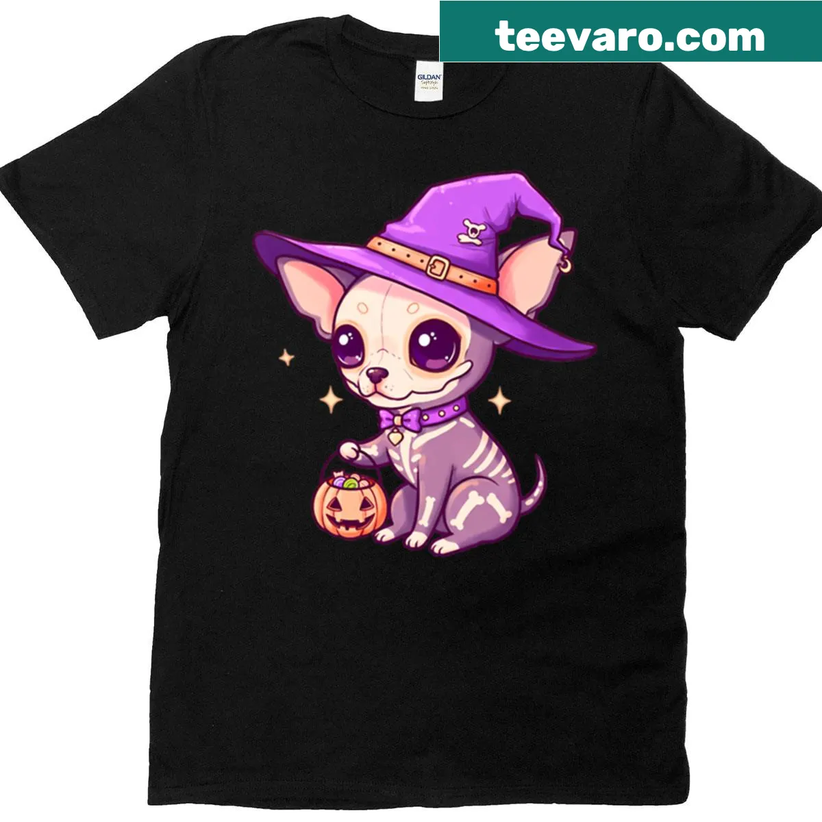 Kawaii chihuahua witch with skulls on a T-shirt — on a men's t-shirt