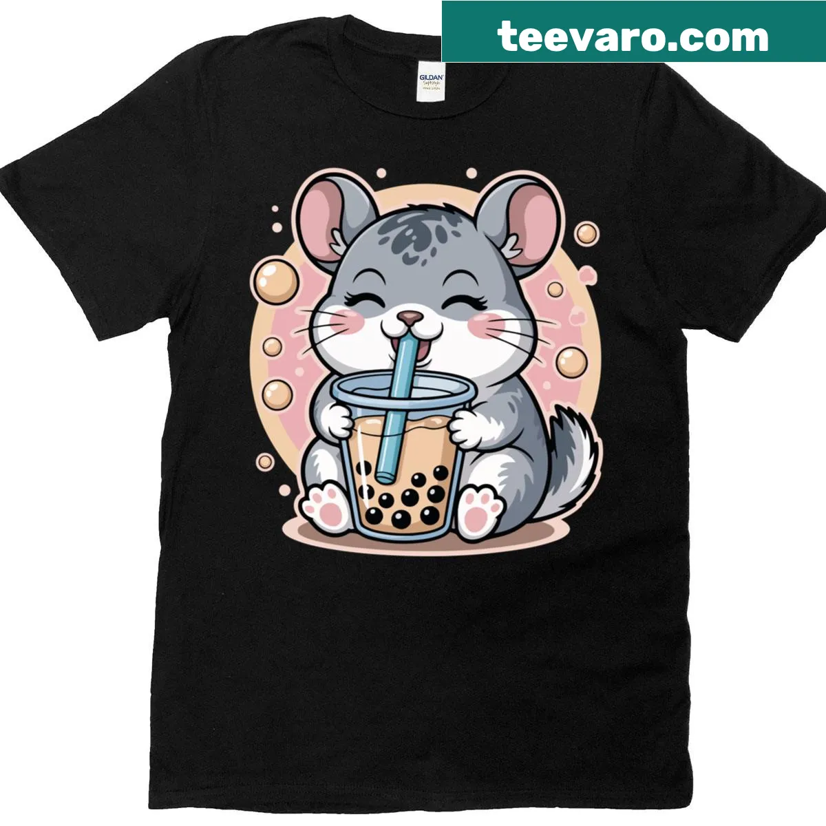 Kawaii chinchilla holding bubble tea in a cute anime style — on a men's t-shirt