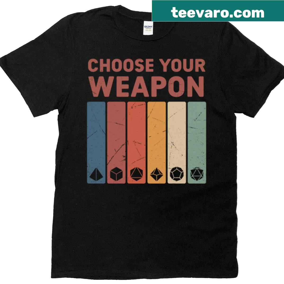 Retro RPG dice graphic on a fun gaming t-shirt — on a men's t-shirt