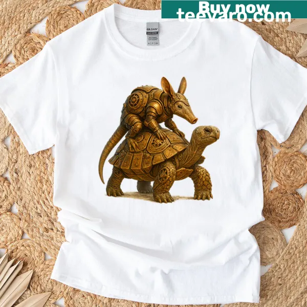 Aardvark riding a mechanical tortoise in clockpunk style