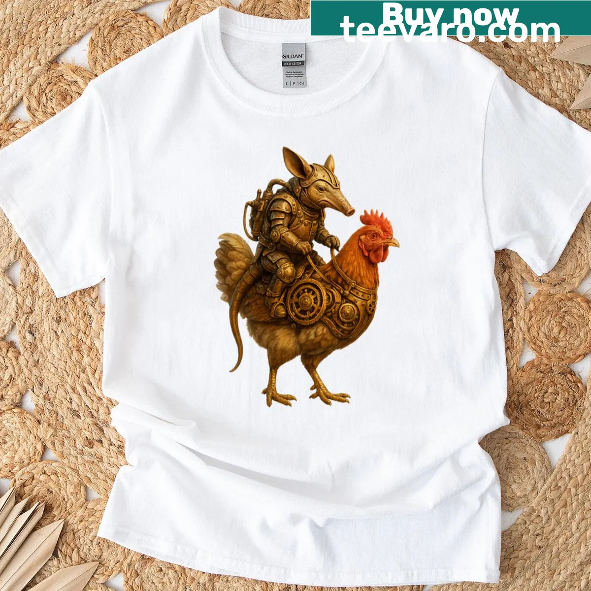 Aardvark riding a chicken in steampunk design on a T-shirt — on a men's t-shirt