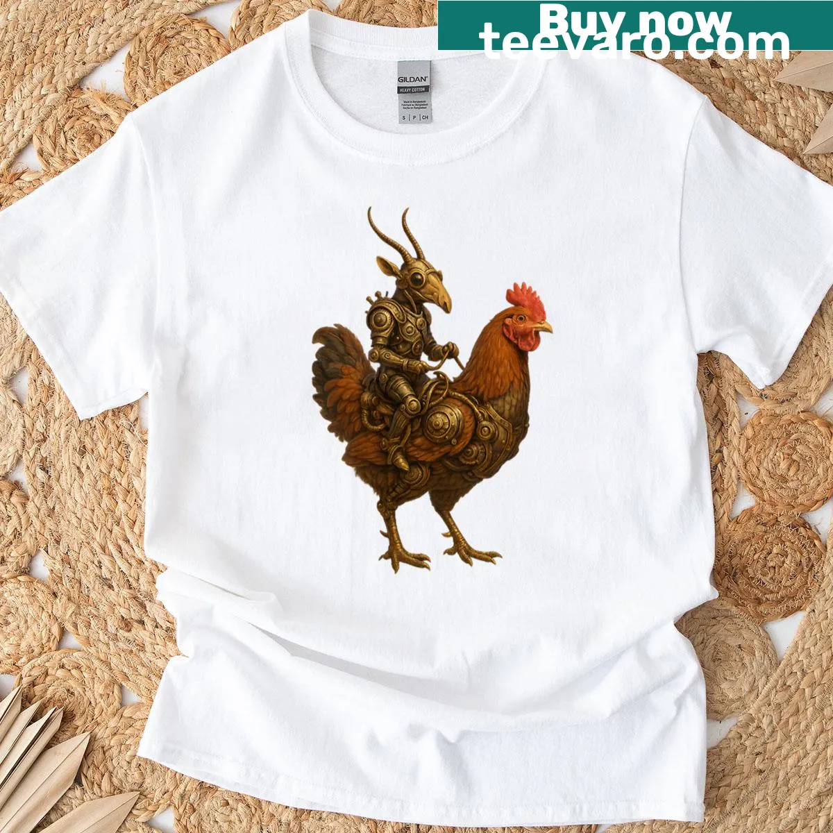 Ant warrior riding a post-apocalyptic chicken illustration — on a men's t-shirt