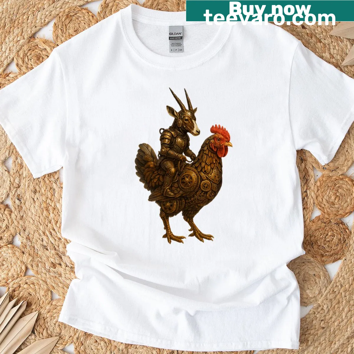 Playful Clockpunk antelope riding chicken t-shirt in whimsical design — on a men's t-shirt