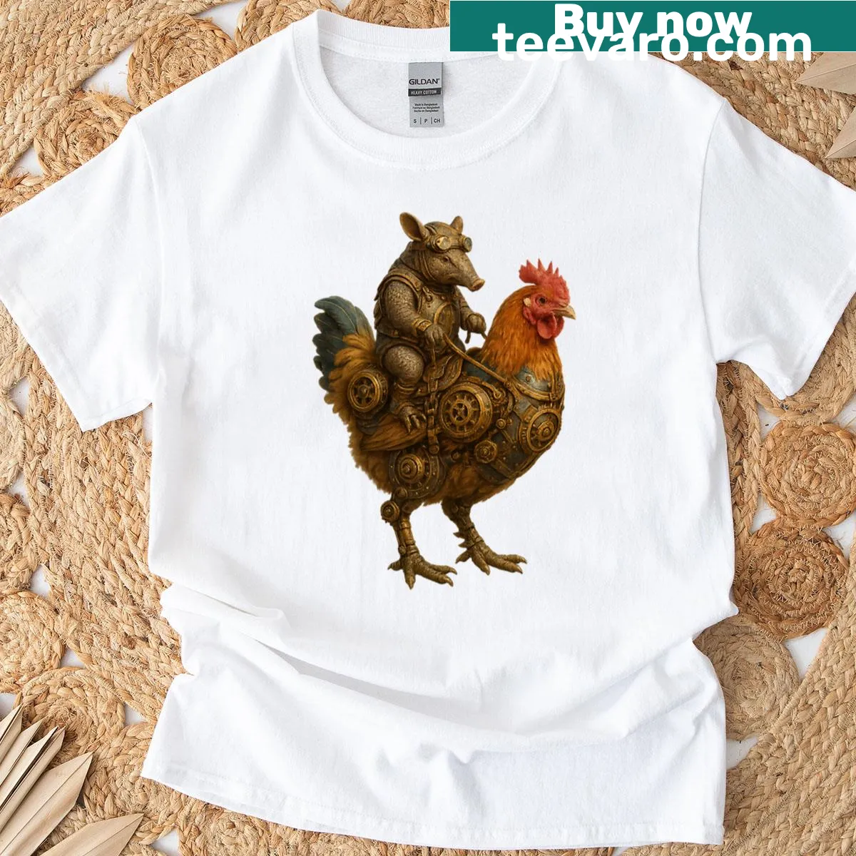 Illustrated armadillo riding a chicken in a steampunk design on a T-shirt — on a men's t-shirt