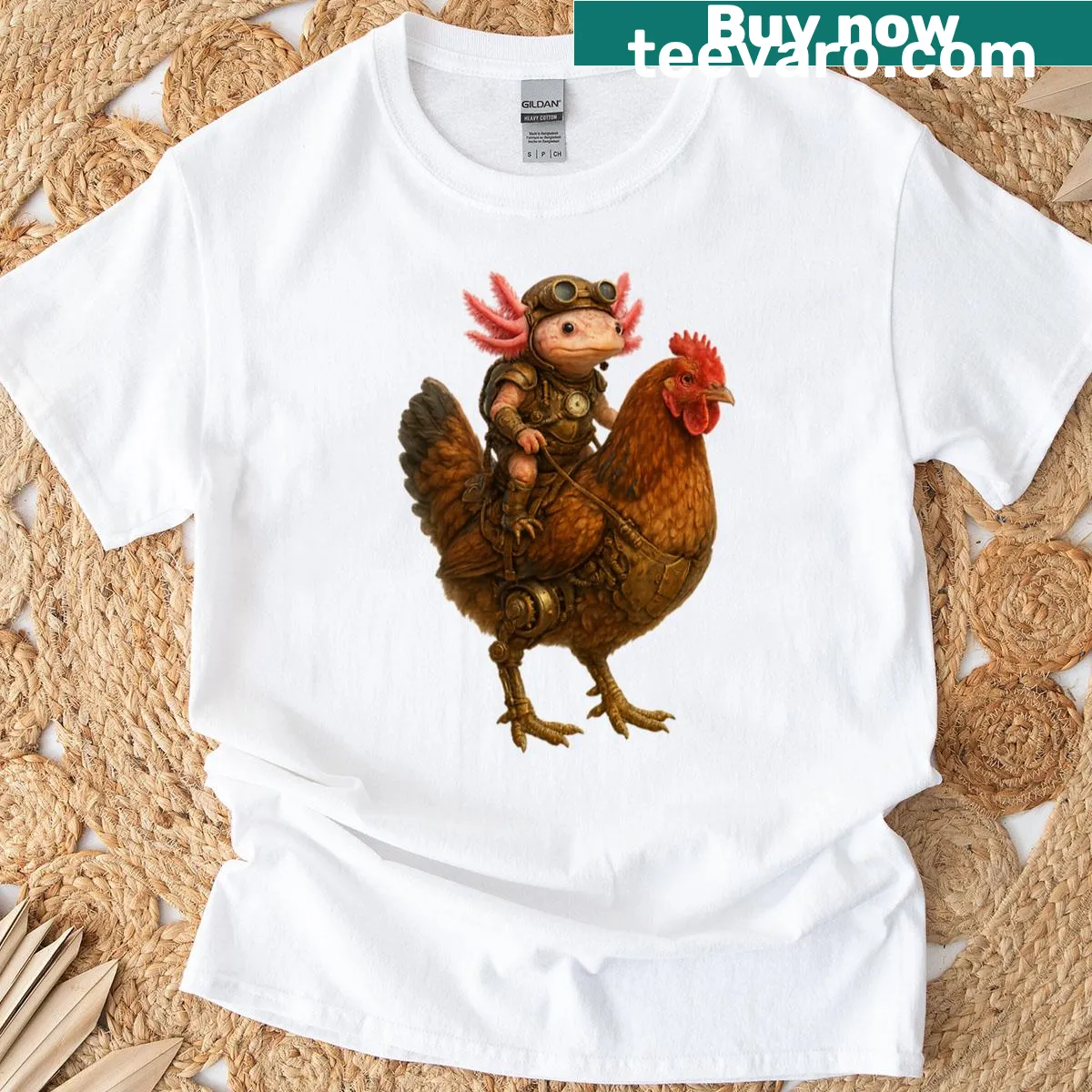 Axolotl riding a mechanical chicken in steampunk style on a T-shirt — on a men's t-shirt