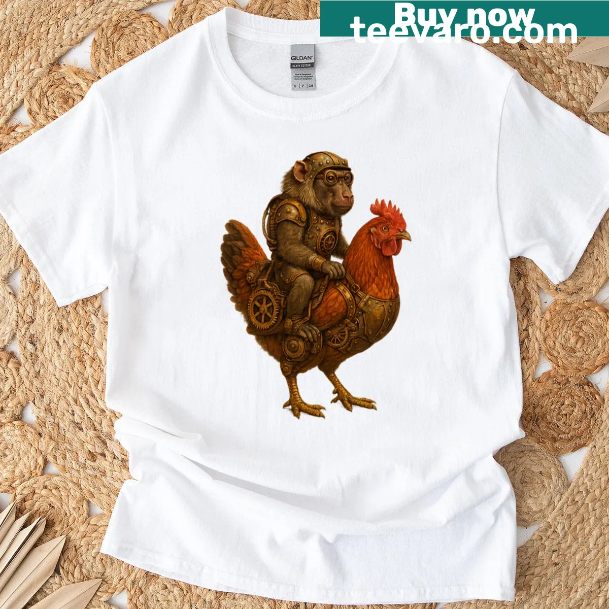 Illustration of a baboon riding a mechanical chicken in a post-apocalyptic scene — on a men's t-shirt