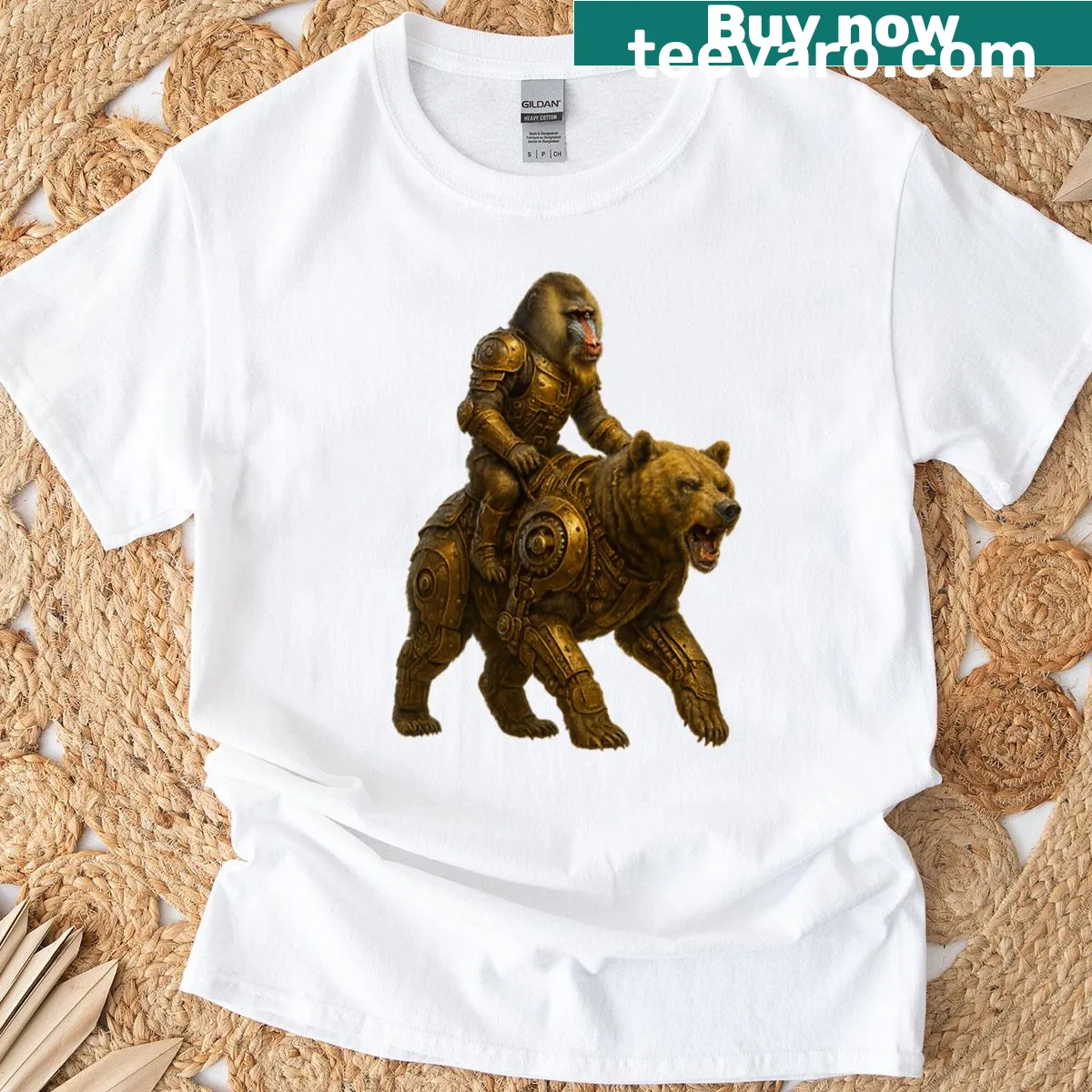 Illustration of a baboon on a mechanical bear in a fantasy design — on a men's t-shirt