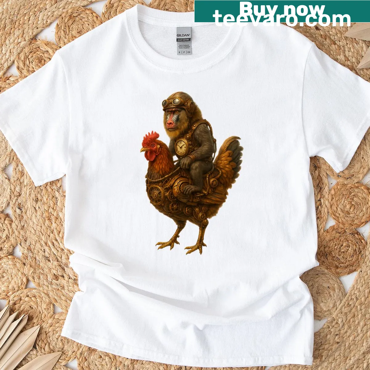 Mandrill riding a chicken graphic on a T-shirt — on a men's t-shirt