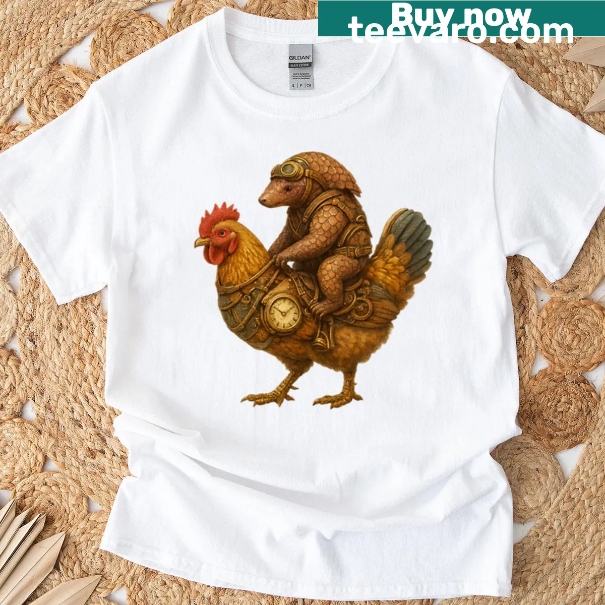 Numbat riding a chicken in fantasy art style on a T-shirt — on a men's t-shirt