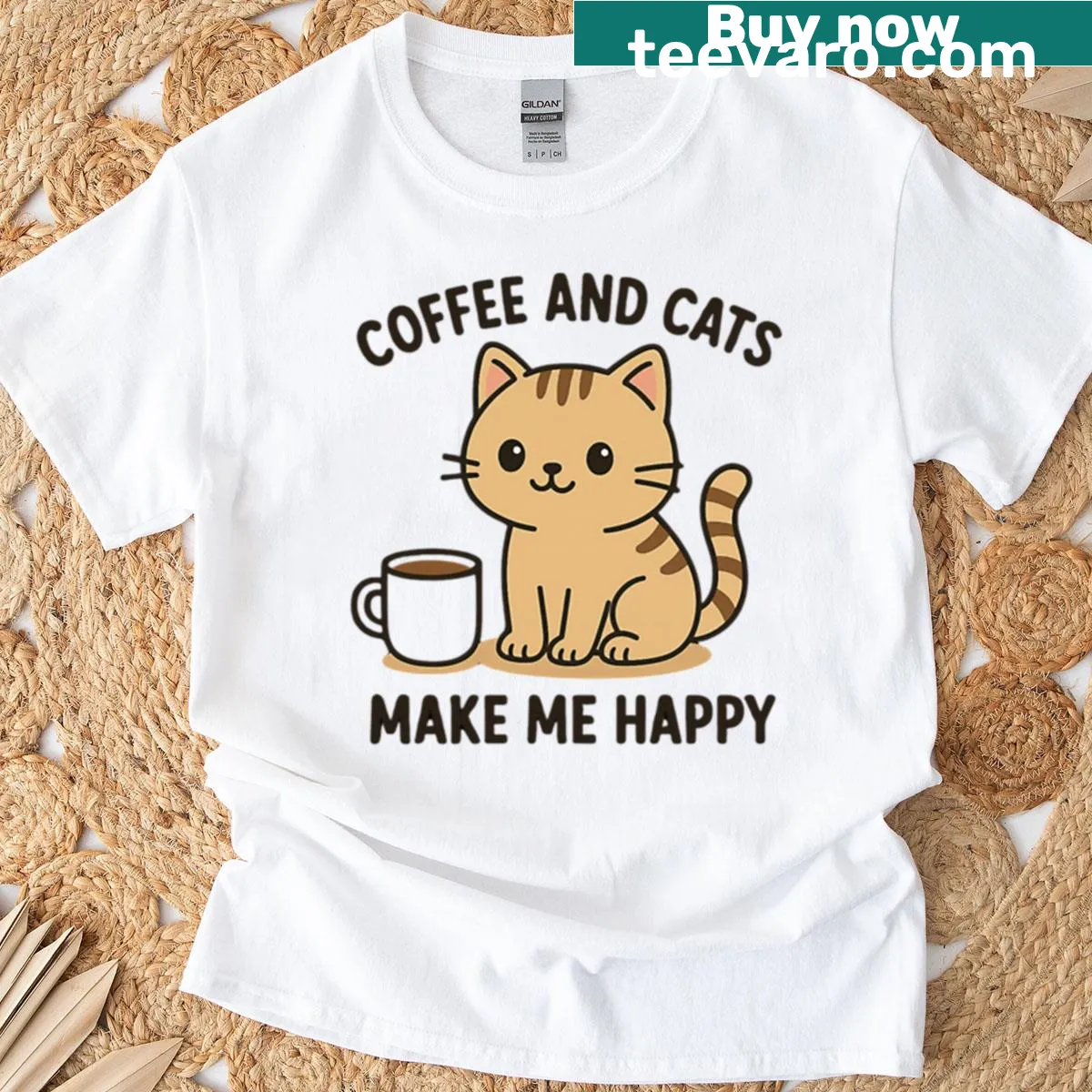Cute cartoon cat with coffee cup design t-shirt — on a men's t-shirt