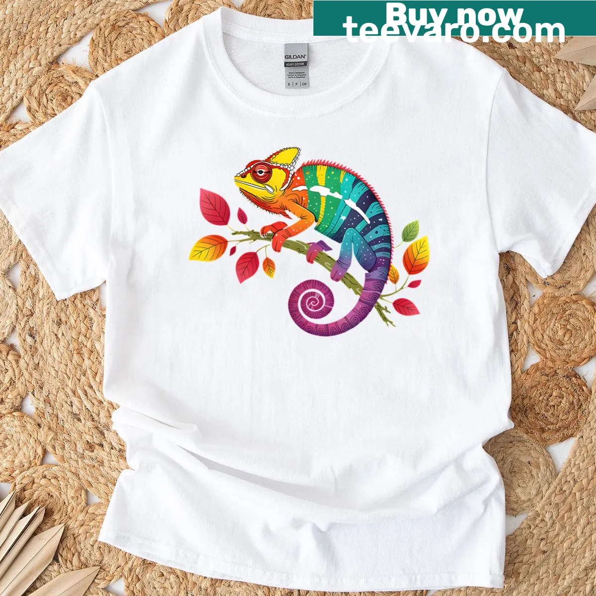Colorful chameleon design on a t-shirt for reptile lovers. — on a men's t-shirt