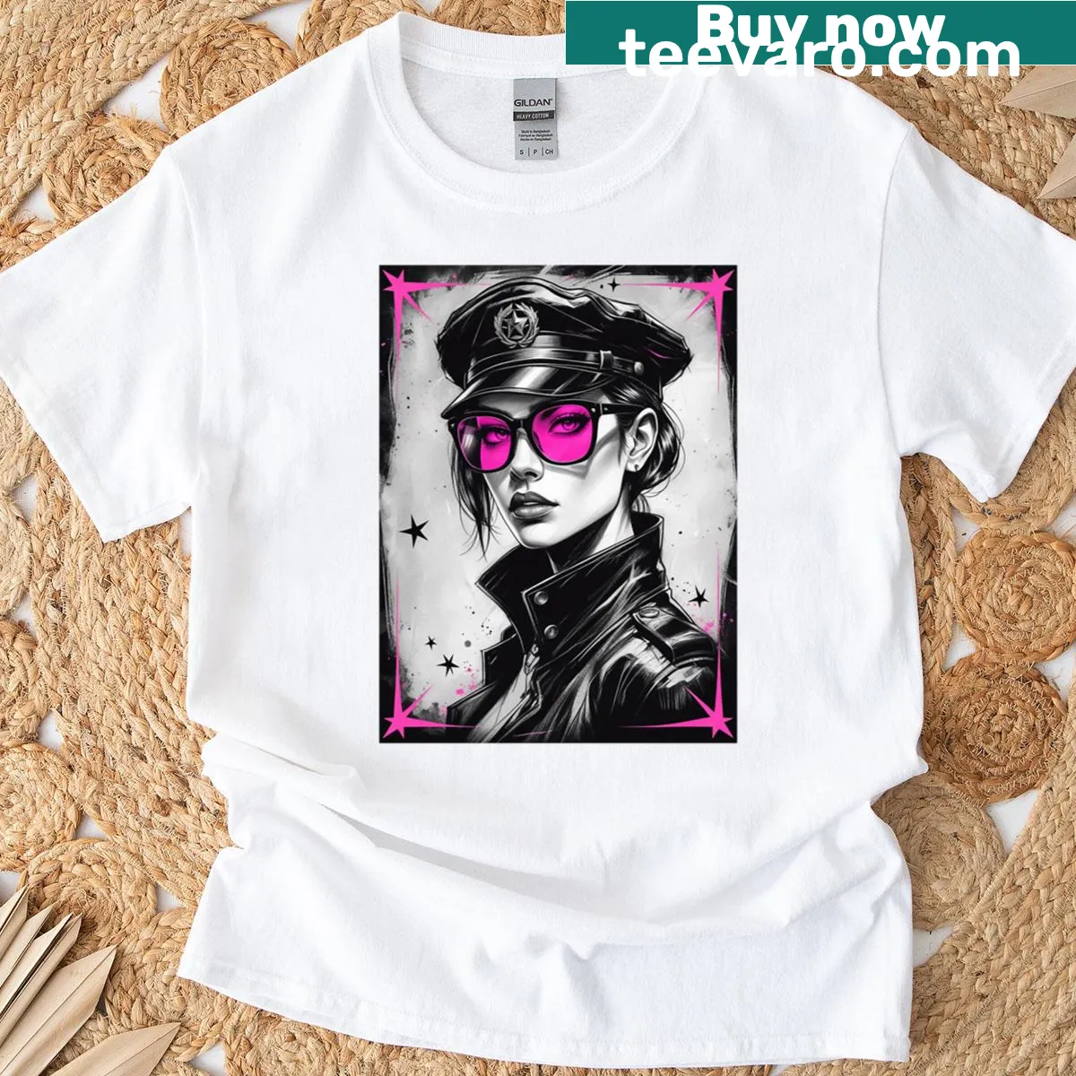 Stylized woman with pink sunglasses and military elements. — on a men's t-shirt