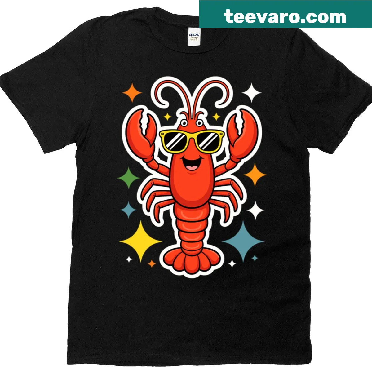 Playful cartoon lobster wearing shades on a fun t-shirt — on a men's t-shirt