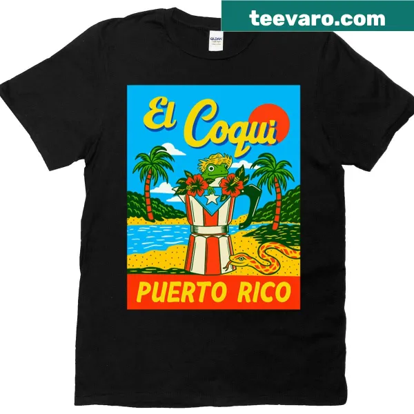 Tropical print t-shirt featuring a coqui frog illustration.