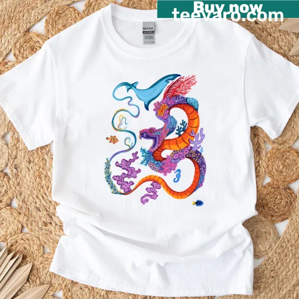 Fantasy t-shirt featuring a dragon entwined with coral reef elements
