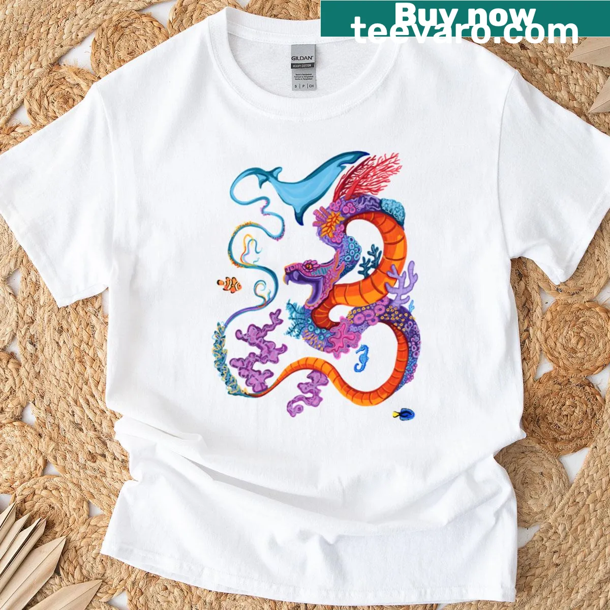 Fantasy t-shirt featuring a dragon entwined with coral reef elements — on a men's t-shirt