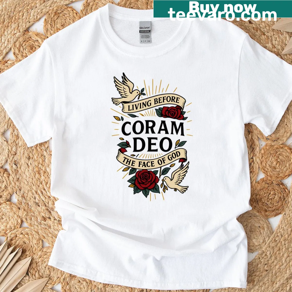 Black lettering Coram Deo t-shirt with inspirational text — on a men's t-shirt