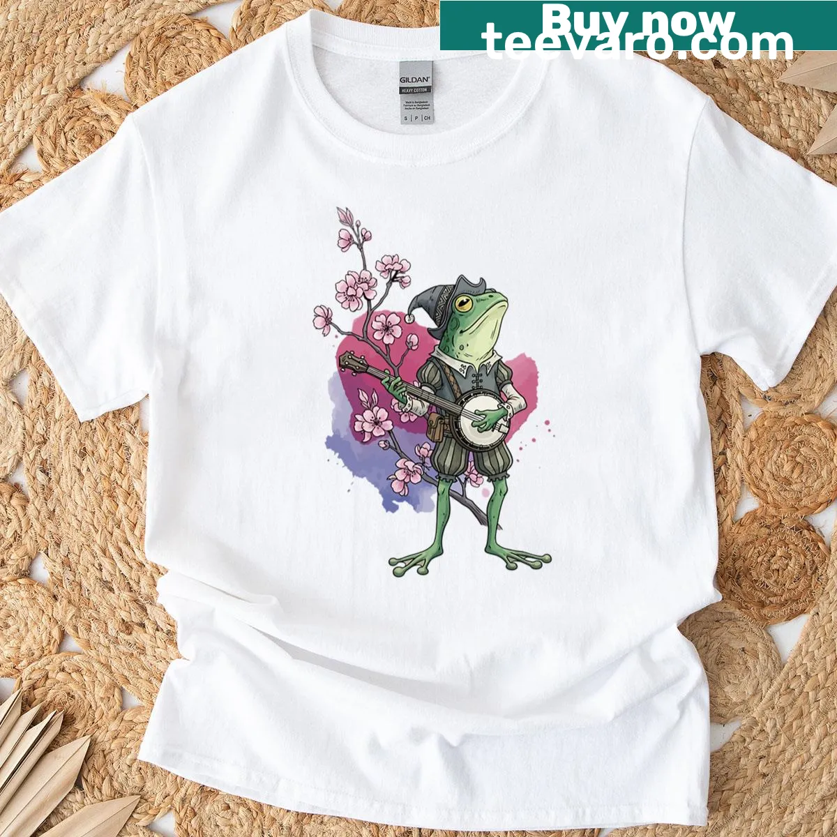 Cute T-shirt featuring an illustration of a frog and mushrooms in a cottagecore style — on a men's t-shirt